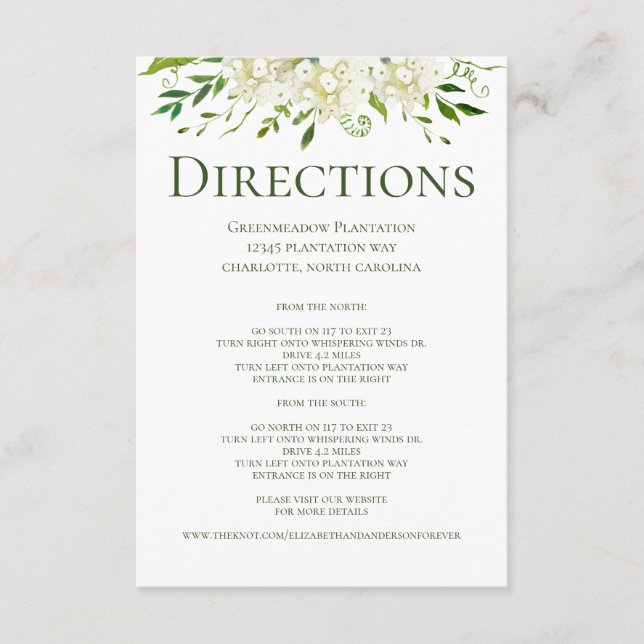 White Hydrangeas Floral Wedding Directions Enclosure Card (Front)