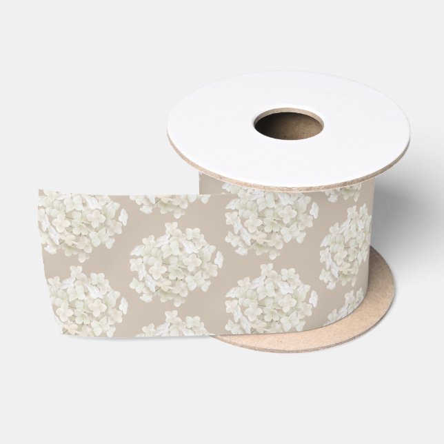White Hydrangeas on Soft Taupe Satin Ribbon (Spool)