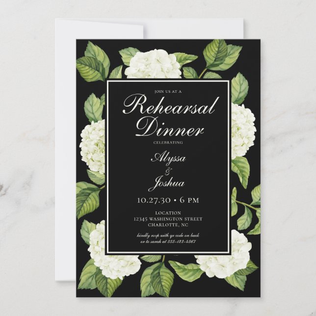 White Hydrangeas QR Code Rehearsal Dinner Invitation (Front)