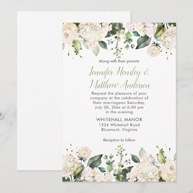 White Hydrangeas Roses Greenery Wedding Invitation (Front/Back)