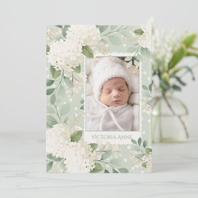 White Hydrangeas Vintage Baby Birth Announcement (Standing Front)