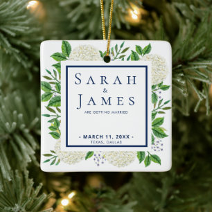 White Hydrangeas Watercolor Wedding Save The Date Ceramic Ornament