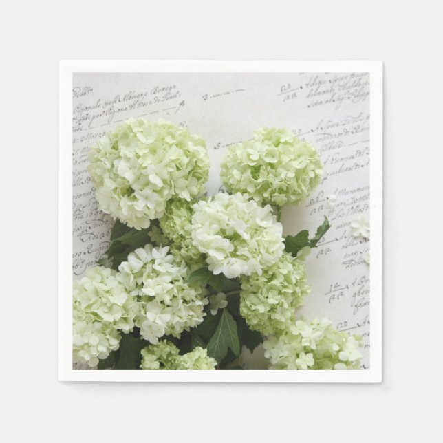 White hydrangeas with script writing napkin (Front)
