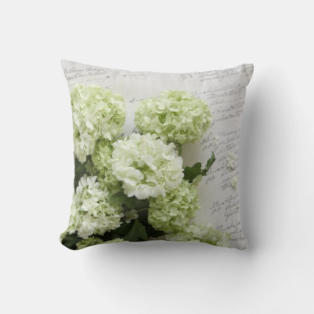 white hydrangeas with script writing pillow (Front)