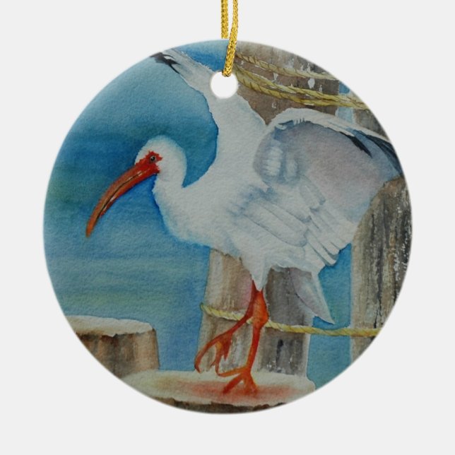 White Ibis by Peggy Allen Ceramic Tree Decoration (Front)