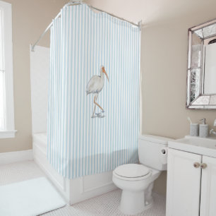 White Ibis Stripe Pattern Coastal Shower Curtain