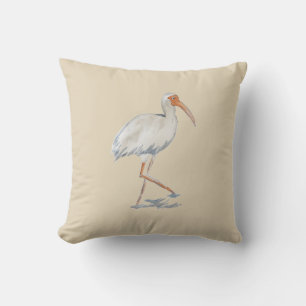 White Ibis Tropical Painting Neutral Pillow