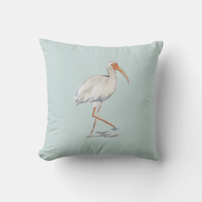 White Ibis Tropical Painting Neutral Pillow (Front)