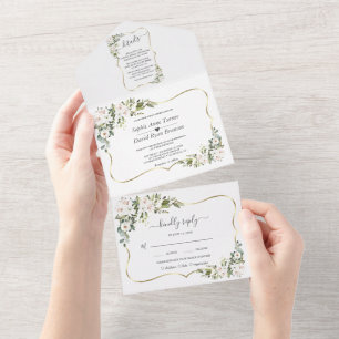 White Imperial Lilies Gold Gold Frame Wedding All In One Invitation