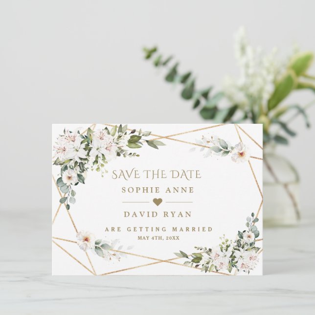 White Imperial Lilies Rose Gold Wedding Save The Date (Standing Front)