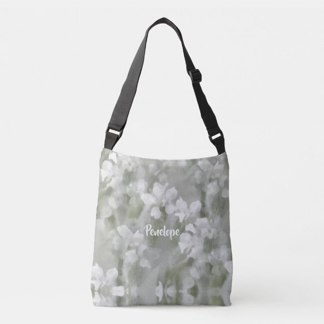 White Impressionist Botanical Art with Name  Crossbody Bag (Front)