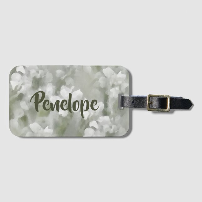 White Impressionist Botanical Art with Name Luggage Tag (Front Horizontal)