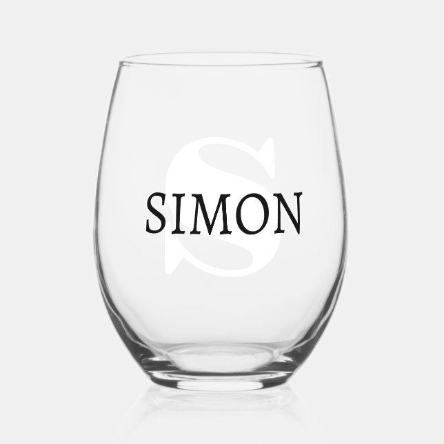 White Initial and Black Name | Modern  Stemless Wine Glass (Front)
