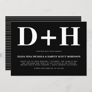 White initials bold typography black wedding invitation