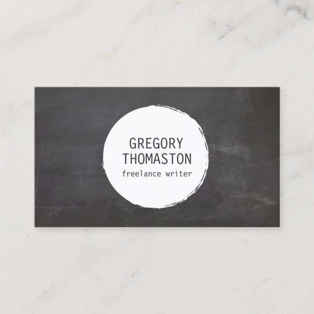 White Ink Blot Circle Logo on Black Chalkboard Business Card (Front)