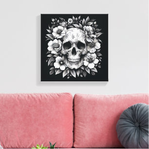 White Ink Floral Skull Gothic Wall Canvas Print
