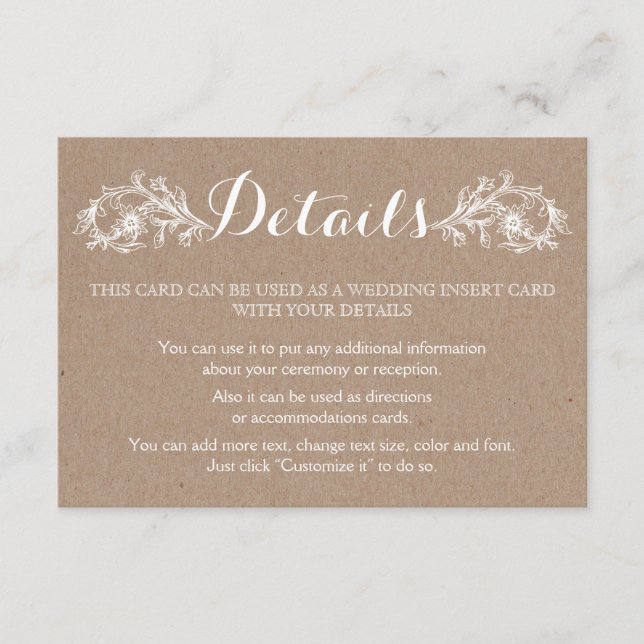 White ink on kraft cardboard floral wedding enclosure card (Front)