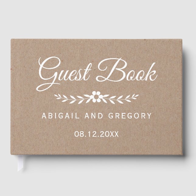 White ink typography kraft paper rustic wedding guest book (Front)