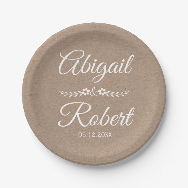 White ink typography kraft paper rustic wedding paper plate (Front)