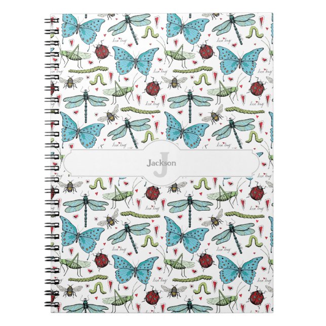 White Insect Pattern Monogram Notebook (Front)