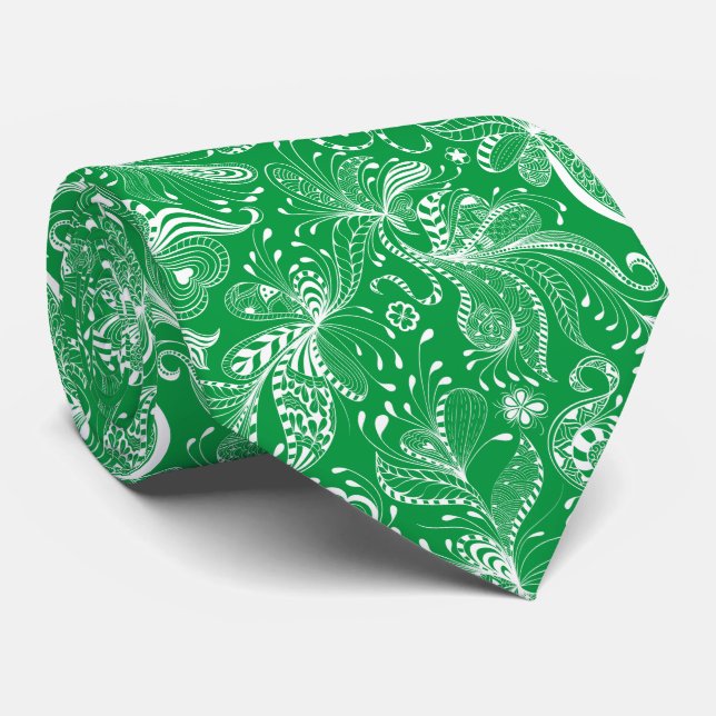 White & Irish Green Exotic Floral Swirls Tie (Rolled)