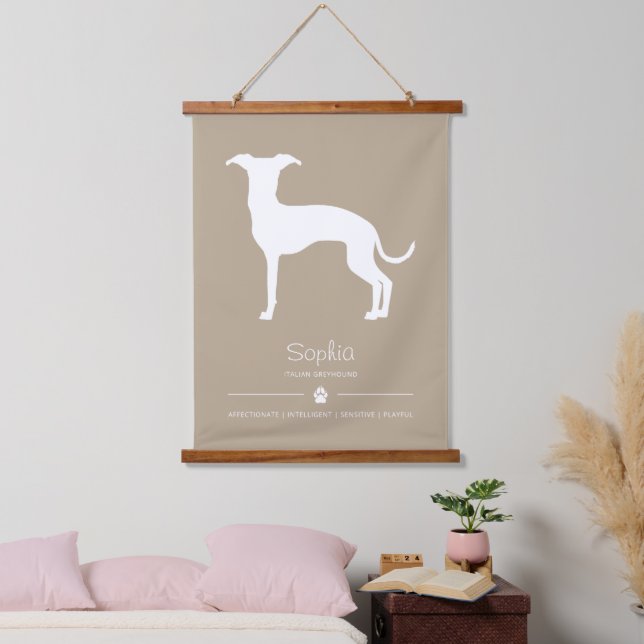 White Italian Greyhound Silhouette On Beige Hanging Tapestry (Bedroom)