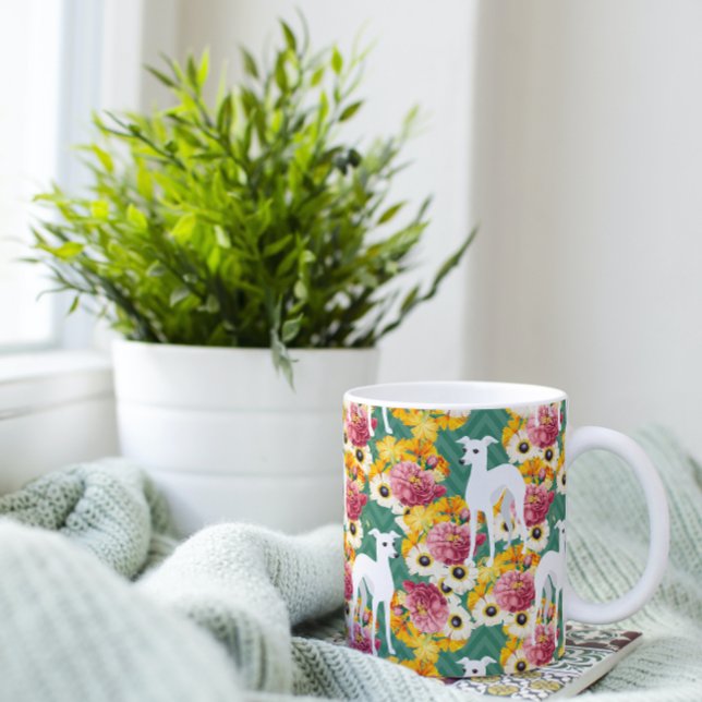 White Italian Greyhounds with Flowers Coffee Mug (Creator Uploaded)