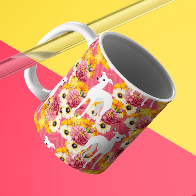 White Italian Greyhounds with Flowers Coffee Mug (Creator Uploaded)