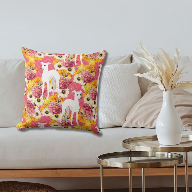 White Italian Greyhounds with Pink Flowers Cushion (Creator Uploaded)