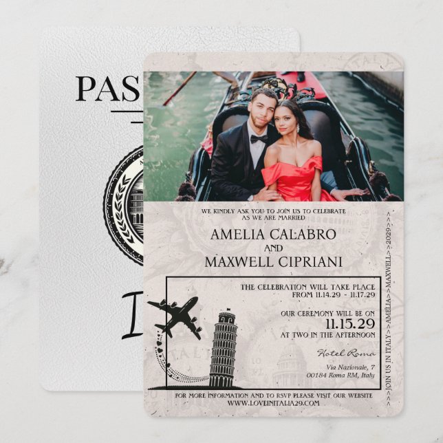 White Italy Passport Wedding Invitation (Front/Back)