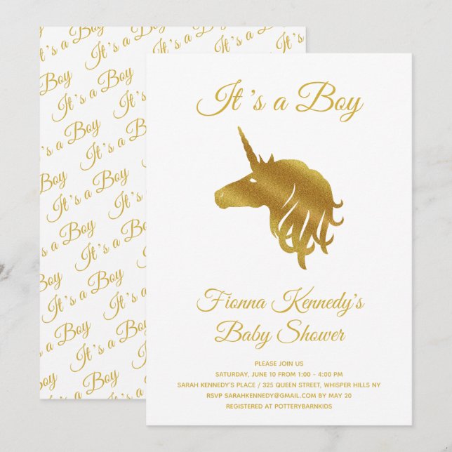 White It's a Boy Unicorn Baby Shower Invitation (Front/Back)