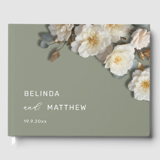 White Ivory 3 D Roses| Wedding Guest Book (Front)