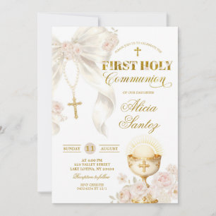 White Ivory Bow Coquette Rosary first holy communi Invitation