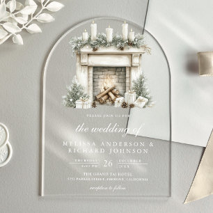 White Ivory Christmas Fireplace Arch Wedding Acrylic Invitations