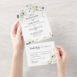 White Ivory Cream Roses Floral Botanical Wedding A All In One Invitation