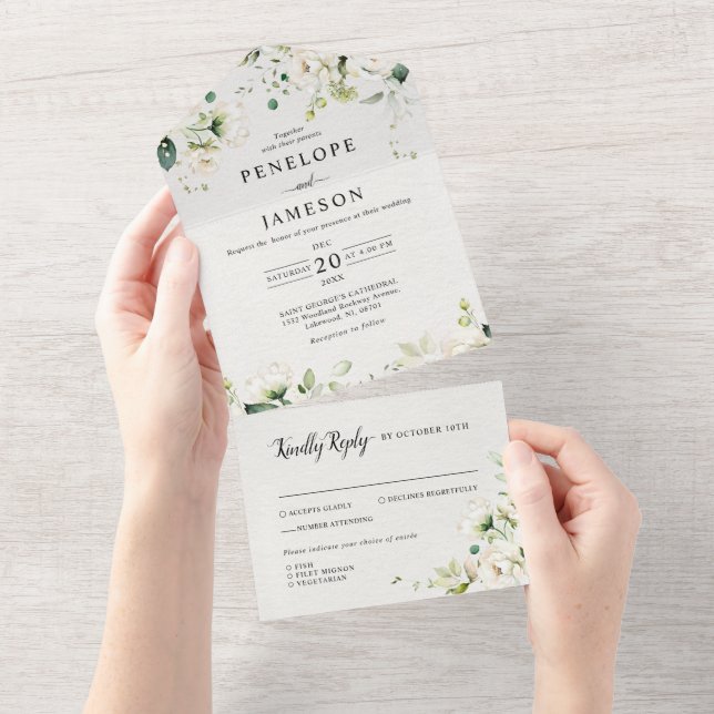 White Ivory Cream Roses Floral Botanical Wedding All In One Invitation (Tearaway)