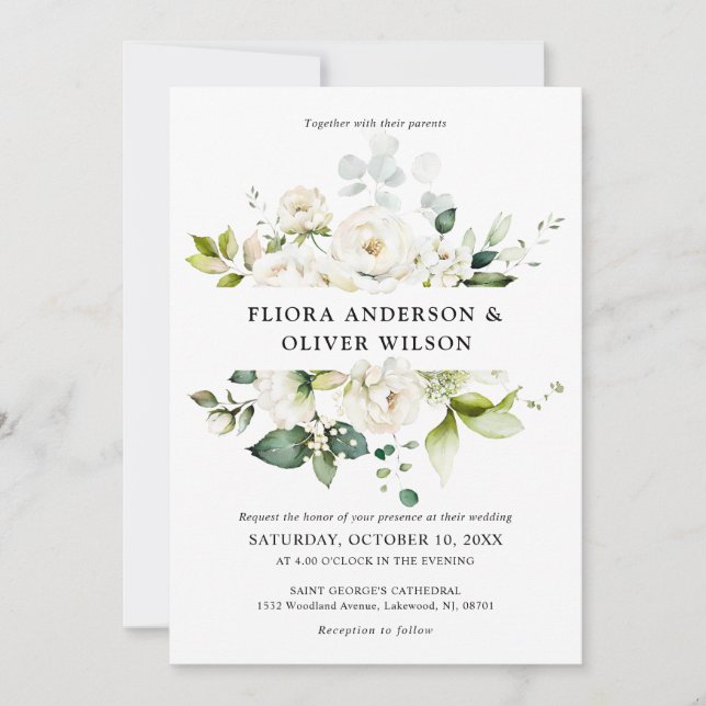 White Ivory Cream Roses Floral Botanical Wedding I Invitation (Front)