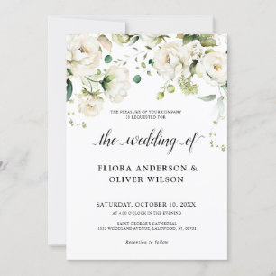 White Ivory Cream Roses Floral Botanical Wedding Invitation