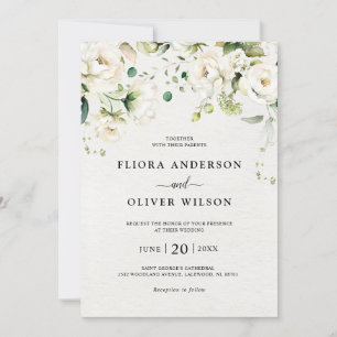 White Ivory Cream Roses Floral Botanical Wedding Invitation