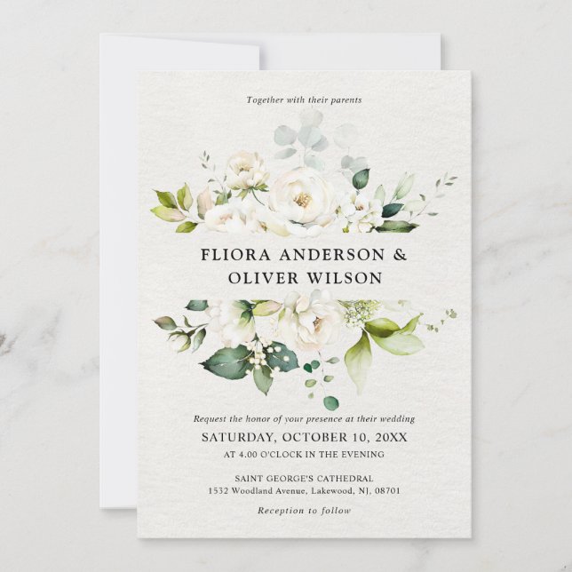 White Ivory Cream Roses Floral Botanical Wedding Invitation (Front)