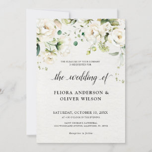 White Ivory Cream Roses Floral Botanical Wedding Invitation