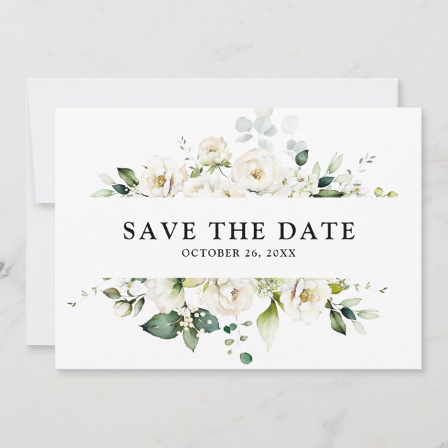 White Ivory Cream Roses Floral Botanical Wedding S Save The Date (Front)