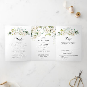 White Ivory Cream Roses Floral Botanical Wedding T Tri-Fold Programme