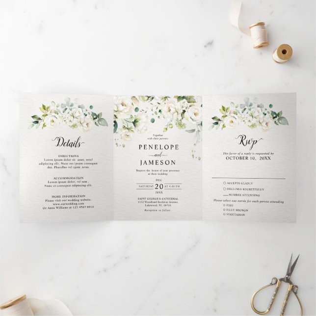 White Ivory Cream Roses Floral Botanical Wedding T Tri-Fold Programme (Inside)