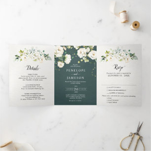 White Ivory Cream Roses Floral Botanical Wedding T Tri-Fold Programme
