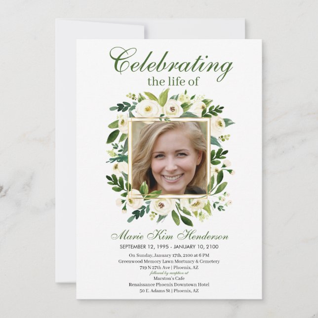 White Ivory Floral Boho Memorial Funeral Photo  Invitation (Front)