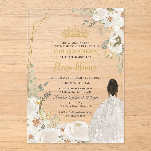 White Ivory Floral Brown Princess Gold Quinceanera Acrylic Invitations (Front)