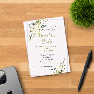 White Ivory Floral Gold Nuestra Boda Calligraphy Acrylic Invitations