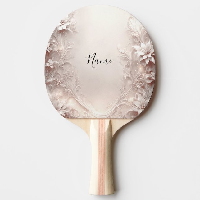 White Ivory Floral Ping Pong Paddle (Front)
