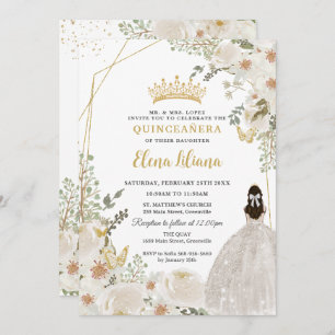 White Ivory Floral Princess Gold Quinceanera 15 XV Invitation